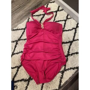 Ralph Lauren Ruched Halter One Piece Swimsuit Pink W Shell Decor Size 14